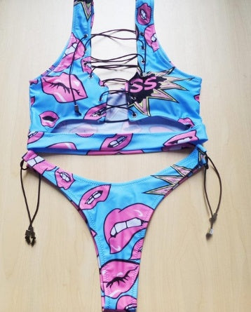 Damen-Bikini mit großer Oberweite, Schnür-String-Bikini-Set, zweiteilig