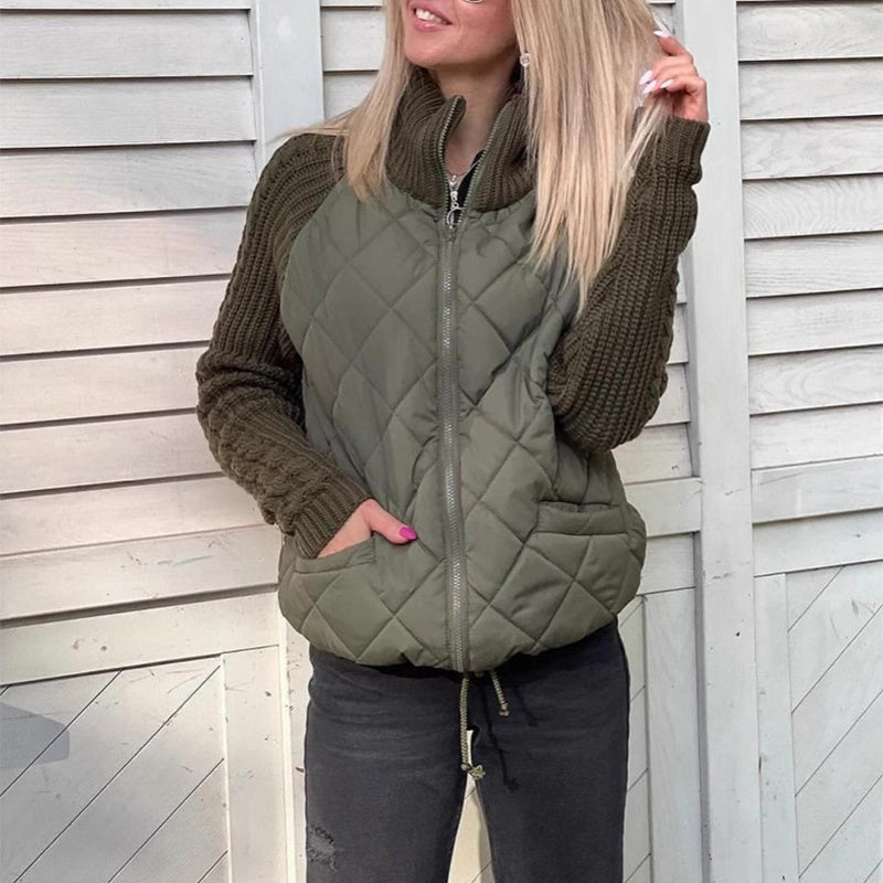Veste d'hiver en coton pour femme, avec col montant, poches, coutures tricotées et fermeture éclair, très tendance.