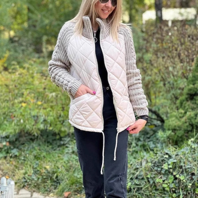 Veste d'hiver en coton pour femme, avec col montant, poches, coutures tricotées et fermeture éclair, très tendance.