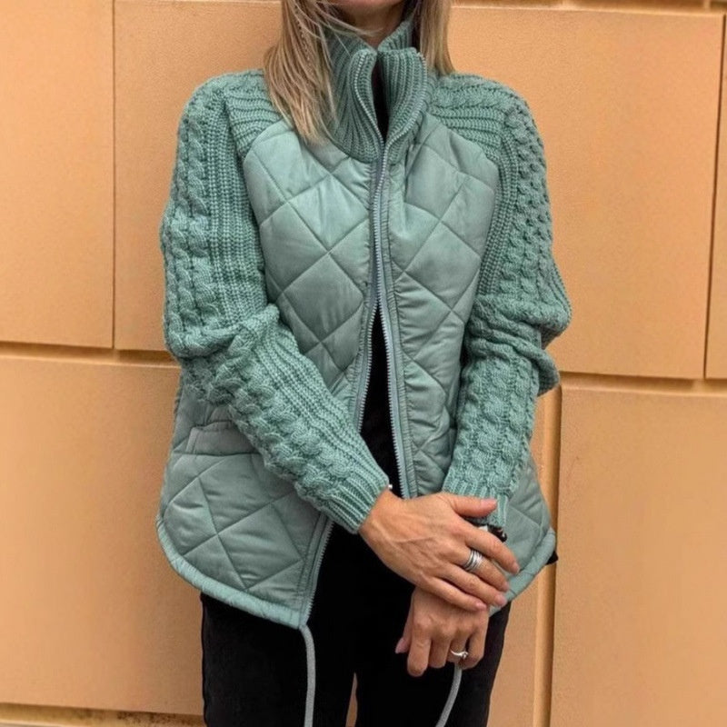 Veste d'hiver en coton pour femme, avec col montant, poches, coutures tricotées et fermeture éclair, très tendance.