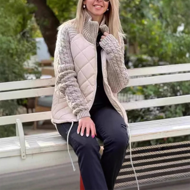 Veste d'hiver en coton pour femme, avec col montant, poches, coutures tricotées et fermeture éclair, très tendance.