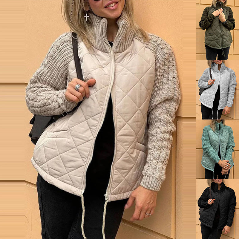 Veste d'hiver en coton pour femme, avec col montant, poches, coutures tricotées et fermeture éclair, très tendance.