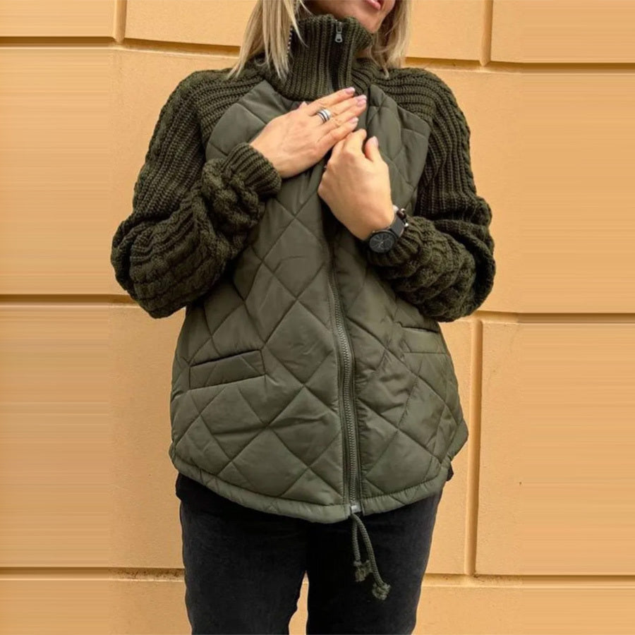 Veste d'hiver en coton pour femme, avec col montant, poches, coutures tricotées et fermeture éclair, très tendance.