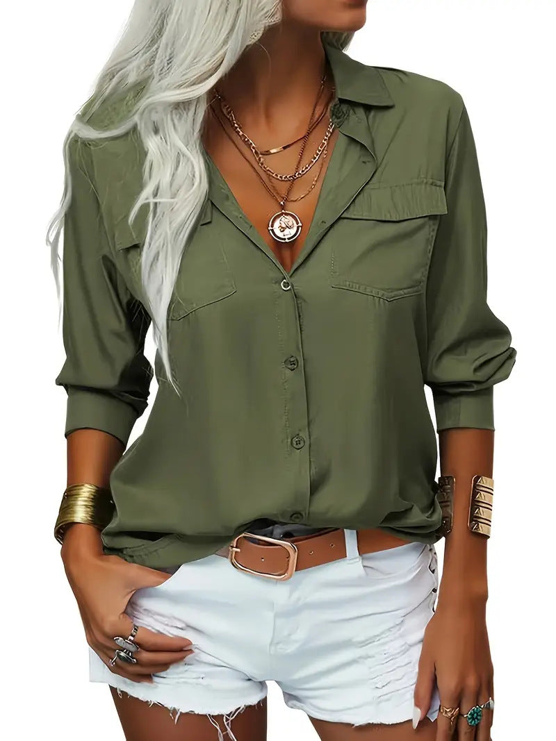 Elegante, einfarbige Chiffonbluse, lässiges Langarm-Shirt mit V-Ausschnitt, locker geschnitten
