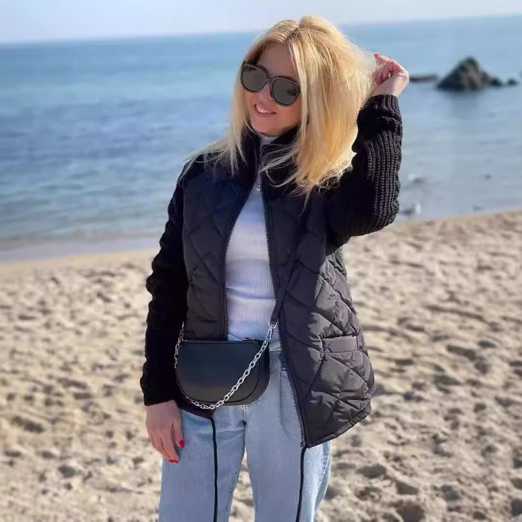 Veste d'hiver en coton pour femme, avec col montant, poches, coutures tricotées et fermeture éclair, très tendance.