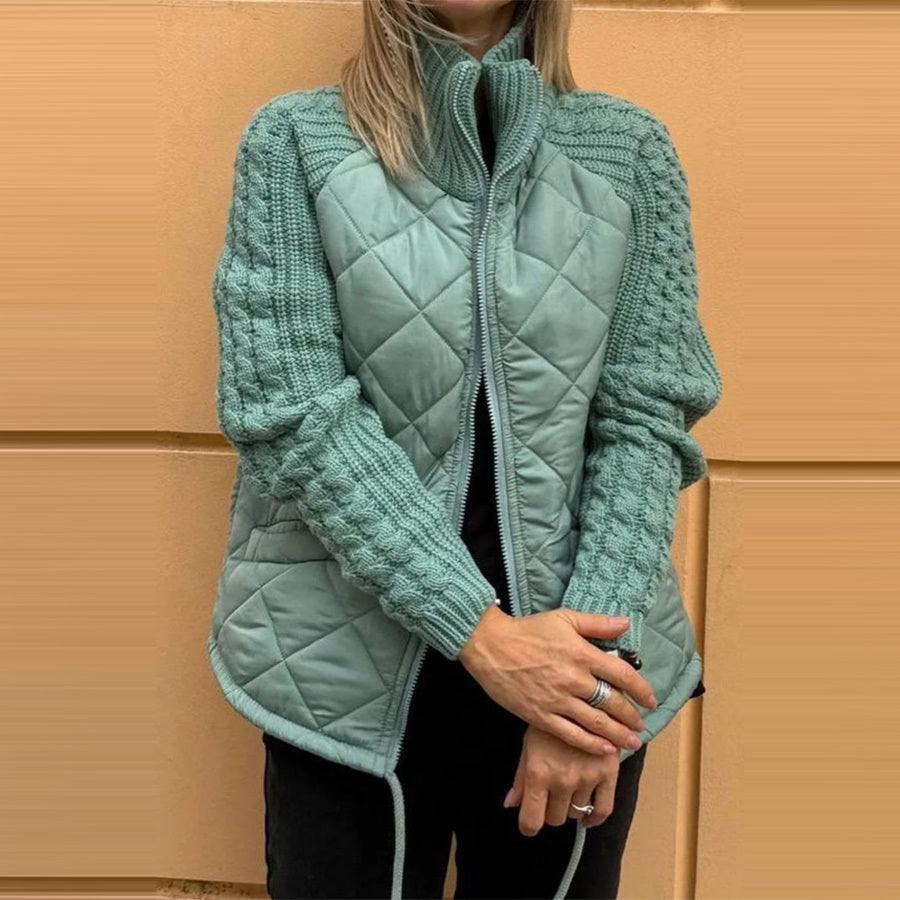 Veste d'hiver en coton pour femme, avec col montant, poches, coutures tricotées et fermeture éclair, très tendance.
