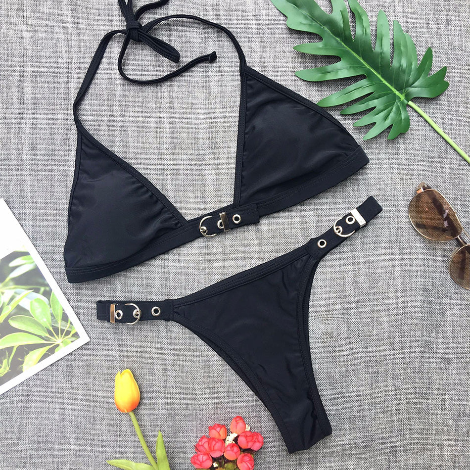 Verstellbarer Badeanzug, schwarzes String-Bikini-Set