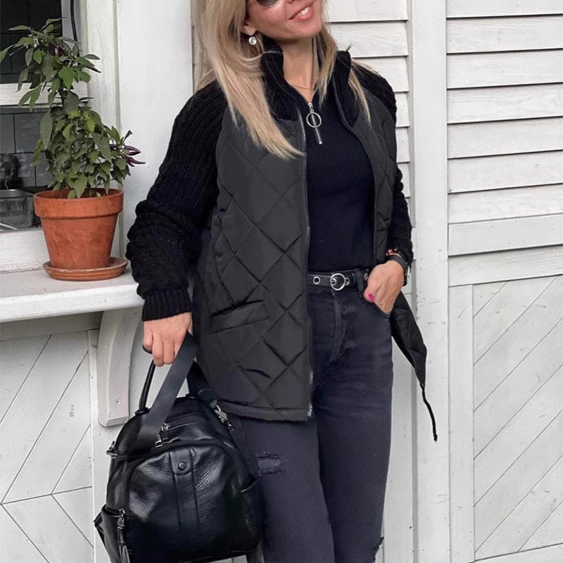 Veste d'hiver en coton pour femme, avec col montant, poches, coutures tricotées et fermeture éclair, très tendance.