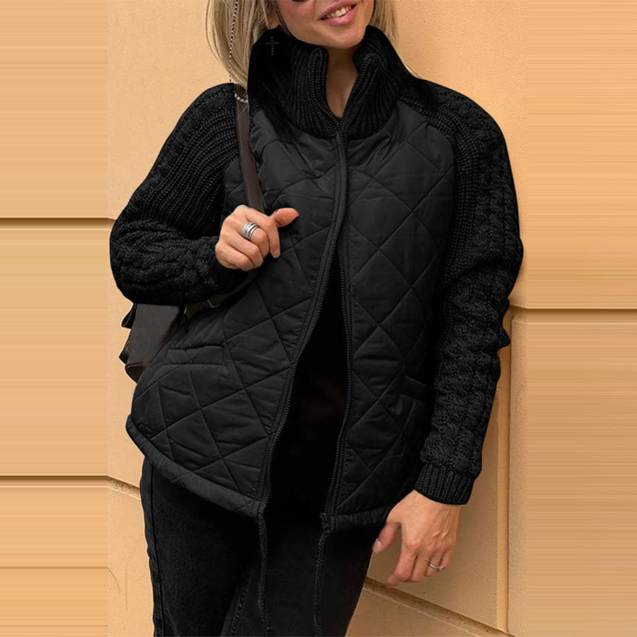 Veste d'hiver en coton pour femme, avec col montant, poches, coutures tricotées et fermeture éclair, très tendance.
