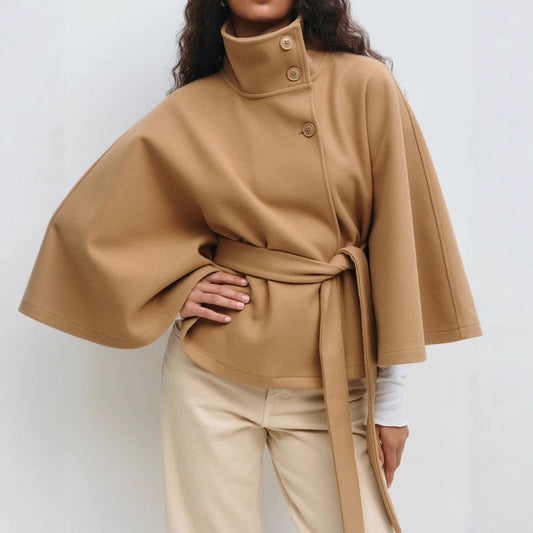Damen Trenchcoat mit hohem Halsausschnitt, modischen Fledermausärmeln und Gürtel