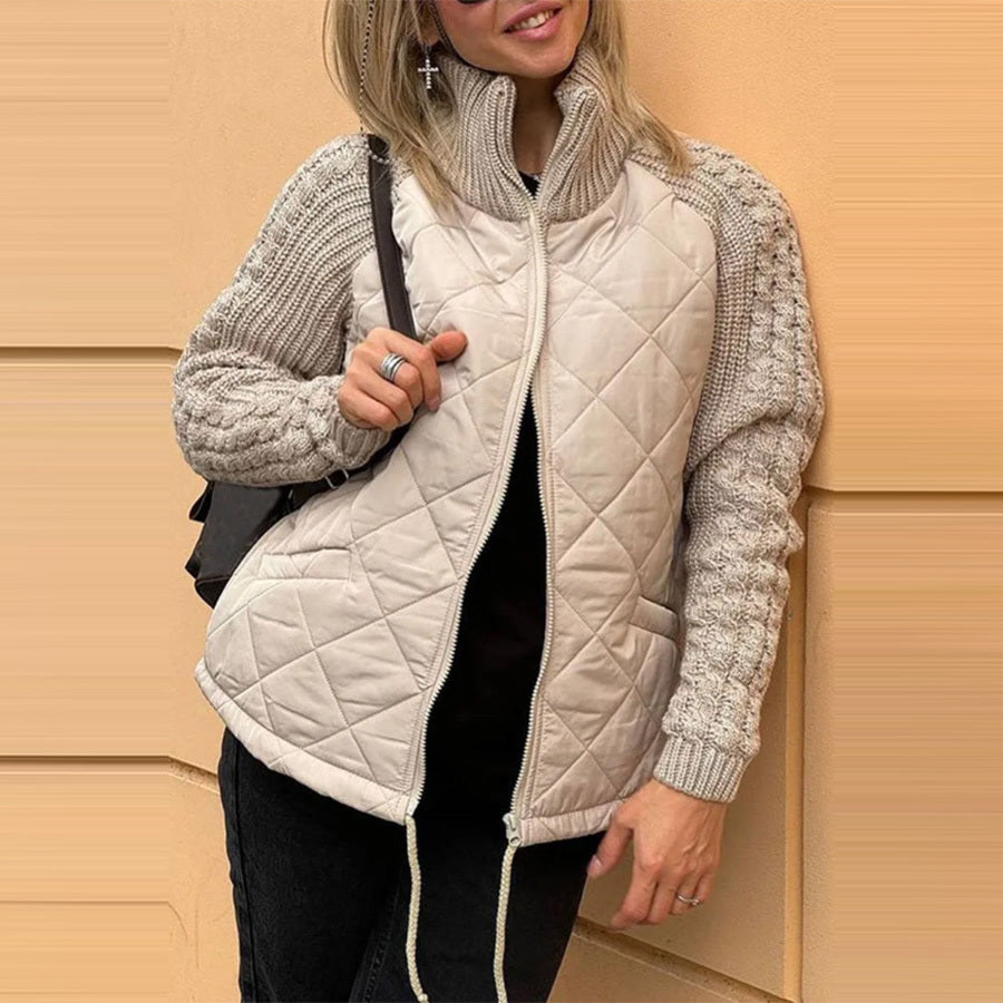 Veste d'hiver en coton pour femme, avec col montant, poches, coutures tricotées et fermeture éclair, très tendance.