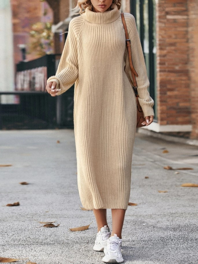 Damen Rollkragen Strickpullover Kleid