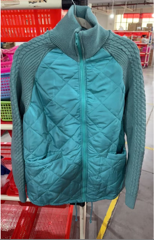 Veste d'hiver en coton pour femme, avec col montant, poches, coutures tricotées et fermeture éclair, très tendance.