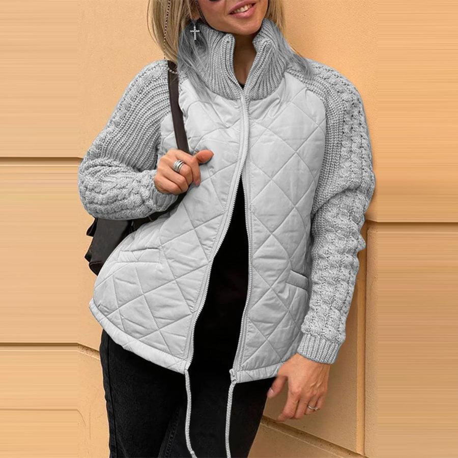 Veste d'hiver en coton pour femme, avec col montant, poches, coutures tricotées et fermeture éclair, très tendance.
